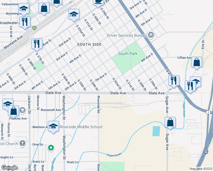 map of restaurants, bars, coffee shops, grocery stores, and more near 3298 8th Avenue South in Billings