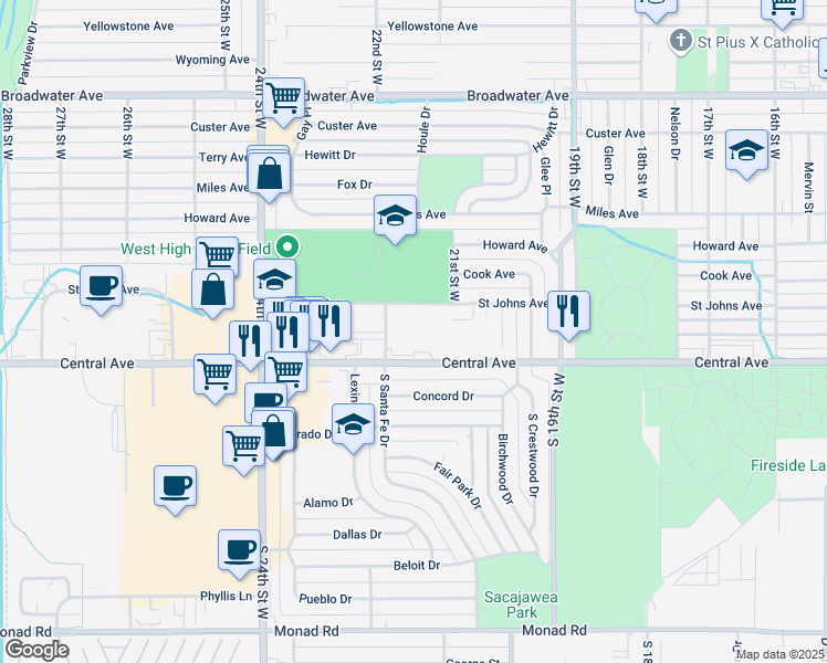 map of restaurants, bars, coffee shops, grocery stores, and more near 2115 Central Avenue in Billings