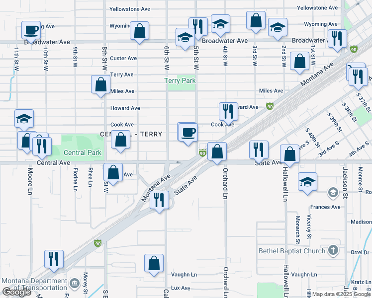 map of restaurants, bars, coffee shops, grocery stores, and more near 500 Saint Johns Avenue in Billings