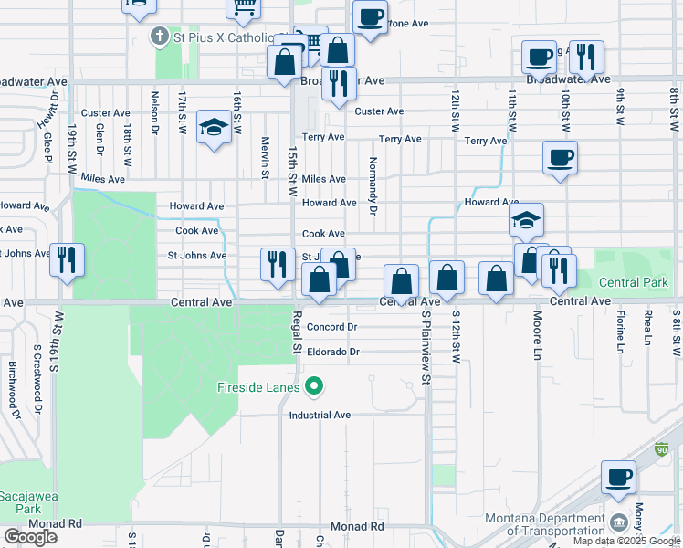 map of restaurants, bars, coffee shops, grocery stores, and more near 1410 Saint Johns Avenue in Billings