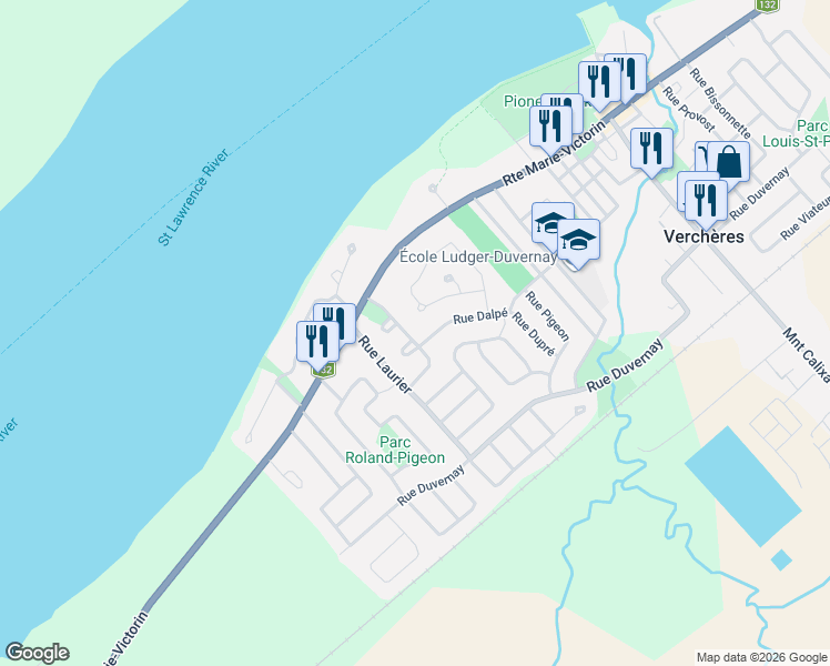map of restaurants, bars, coffee shops, grocery stores, and more near 113 Rue du Parc in Verchères