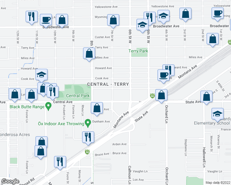 map of restaurants, bars, coffee shops, grocery stores, and more near 640 Saint Johns Avenue in Billings