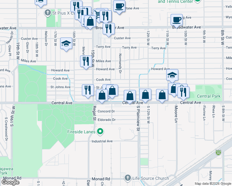 map of restaurants, bars, coffee shops, grocery stores, and more near 1330 Saint Johns Avenue in Billings