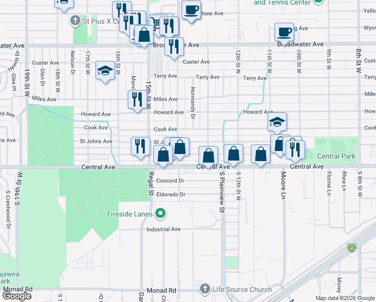 map of restaurants, bars, coffee shops, grocery stores, and more near 1330 Saint Johns Avenue in Billings