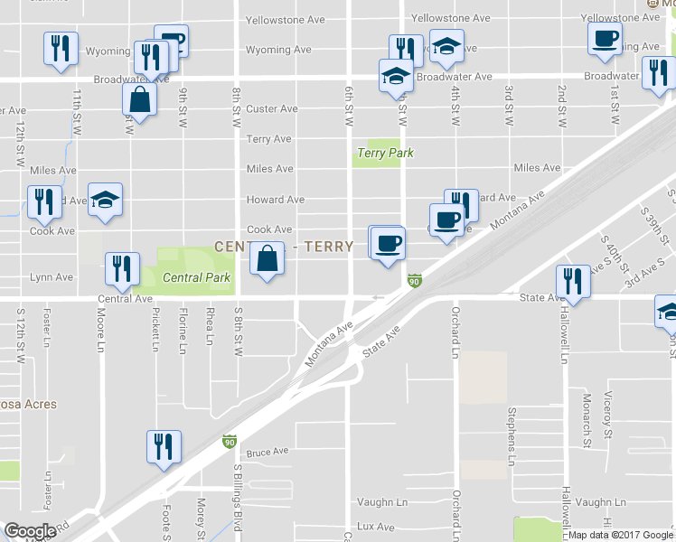 map of restaurants, bars, coffee shops, grocery stores, and more near 610 Saint Johns Avenue in Billings