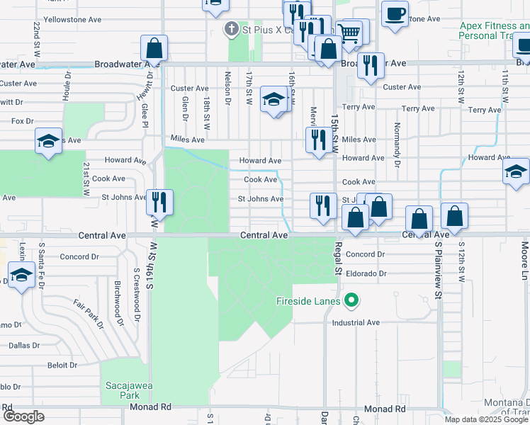 map of restaurants, bars, coffee shops, grocery stores, and more near 1633 Lynn Avenue in Billings