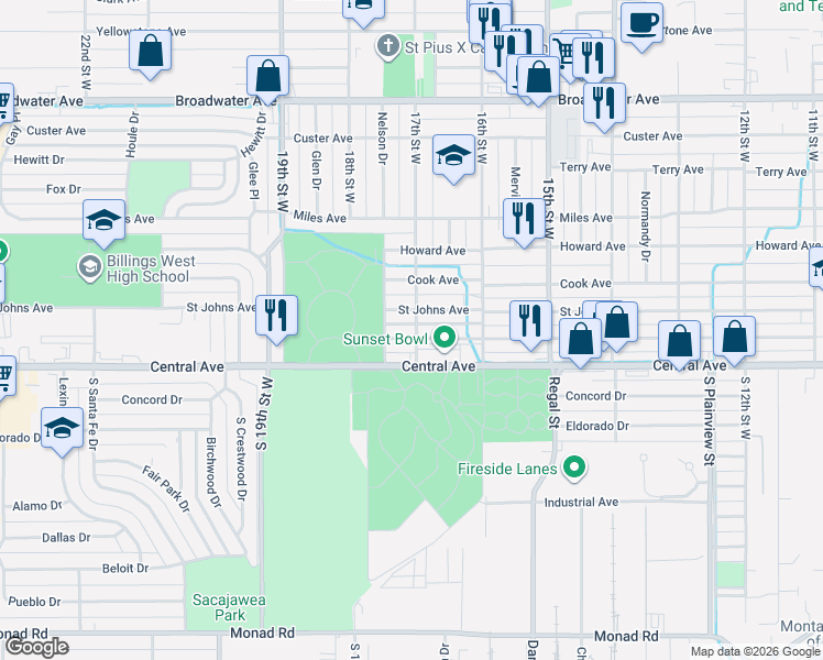 map of restaurants, bars, coffee shops, grocery stores, and more near 1712 Saint Johns Avenue in Billings