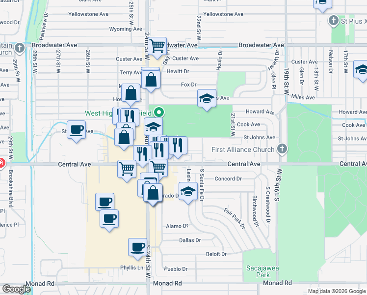 map of restaurants, bars, coffee shops, grocery stores, and more near 2260 Saint Johns Avenue in Billings
