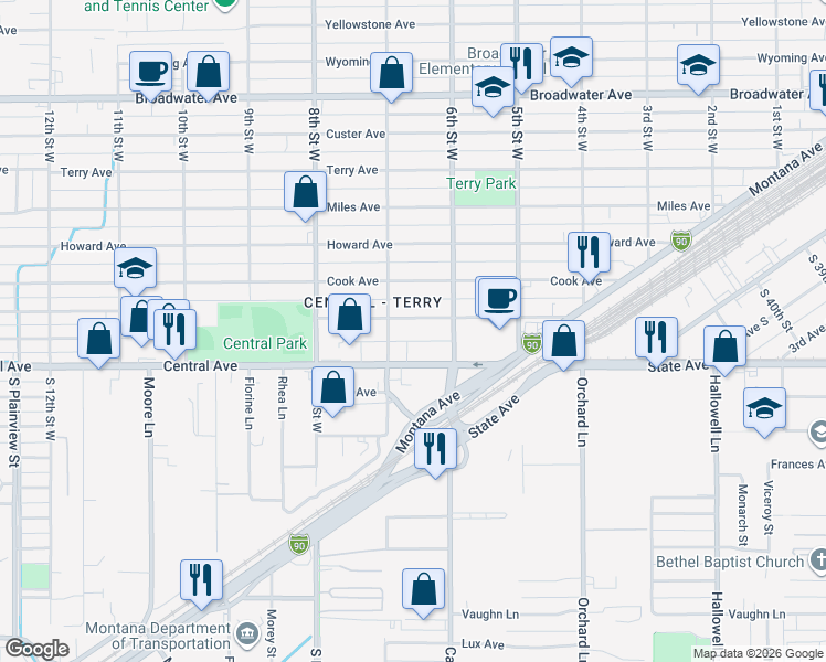 map of restaurants, bars, coffee shops, grocery stores, and more near 640 Saint Johns Avenue in Billings