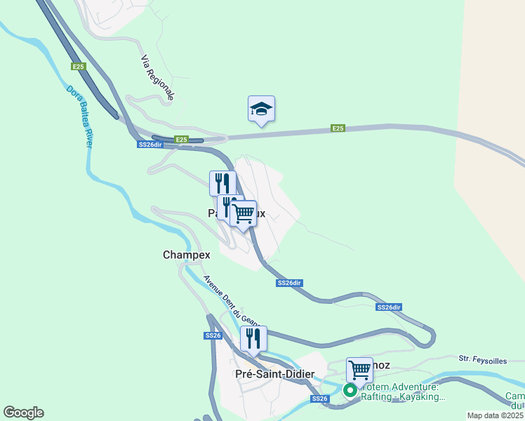 map of restaurants, bars, coffee shops, grocery stores, and more near 30 Route Mont Blanc in Valle d'Aosta