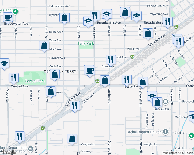 map of restaurants, bars, coffee shops, grocery stores, and more near 444 Saint Johns Avenue in Billings