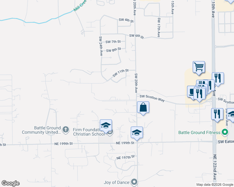 map of restaurants, bars, coffee shops, grocery stores, and more near 1402 Southwest 20th Avenue in Battle Ground