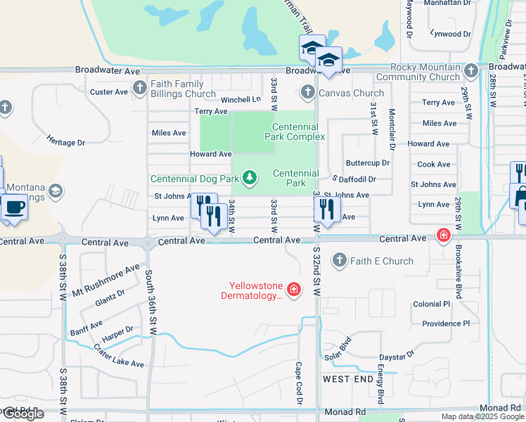 map of restaurants, bars, coffee shops, grocery stores, and more near 3307 Lynn Avenue in Billings