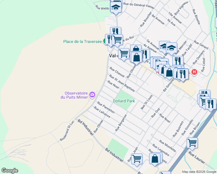 map of restaurants, bars, coffee shops, grocery stores, and more near 247 Rue Saint-Joseph in Val-des-Sources