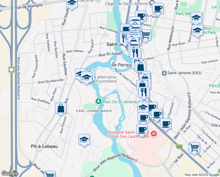 map of restaurants, bars, coffee shops, grocery stores, and more near 9 Place de Monaco in Saint-Jérôme