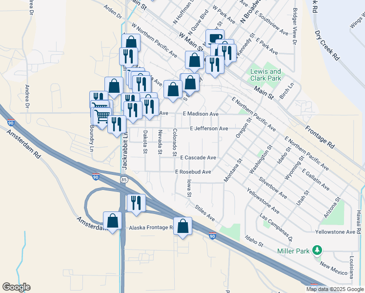map of restaurants, bars, coffee shops, grocery stores, and more near E Custer Ave in Belgrade