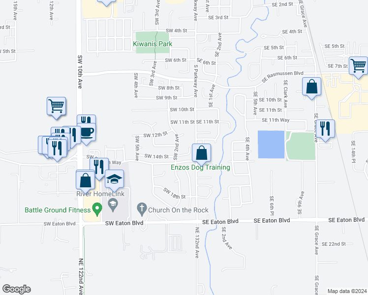 map of restaurants, bars, coffee shops, grocery stores, and more near 114 Southwest 14th Circle in Battle Ground