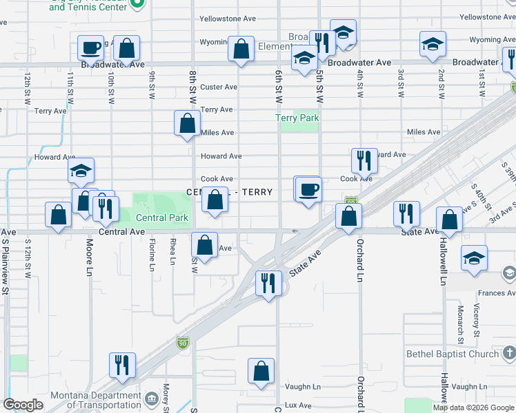 map of restaurants, bars, coffee shops, grocery stores, and more near 640 Saint Johns Avenue in Billings