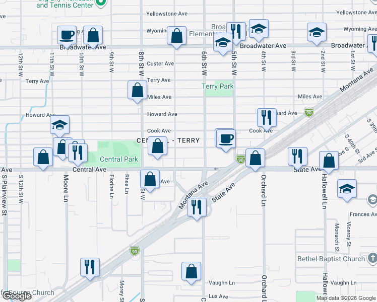 map of restaurants, bars, coffee shops, grocery stores, and more near 640 Saint Johns Avenue in Billings
