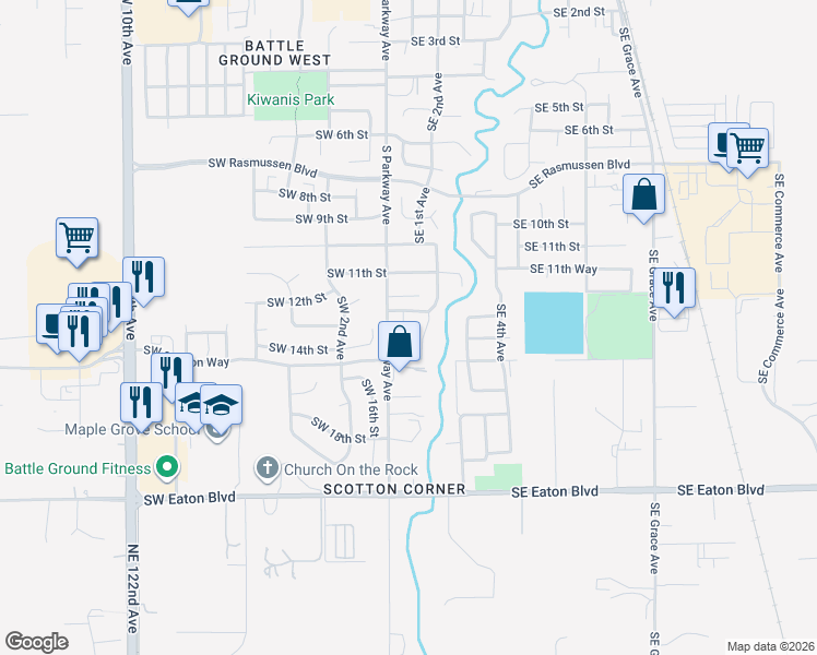 map of restaurants, bars, coffee shops, grocery stores, and more near 1305 South Ash Avenue in Battle Ground