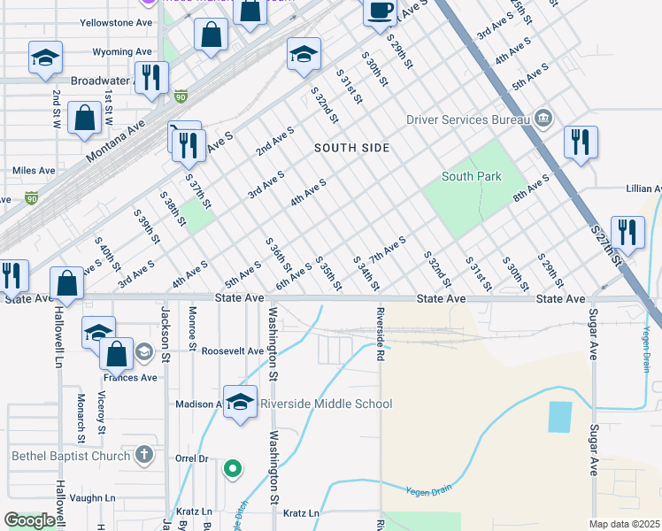 map of restaurants, bars, coffee shops, grocery stores, and more near 605 South 35th Street in Billings