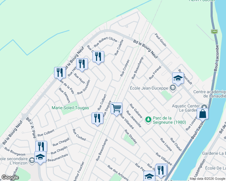 map of restaurants, bars, coffee shops, grocery stores, and more near 193 Rue Deguire in Repentigny