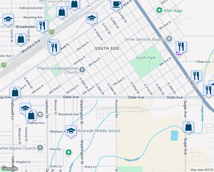 map of restaurants, bars, coffee shops, grocery stores, and more near 618 South 34th Street in Billings