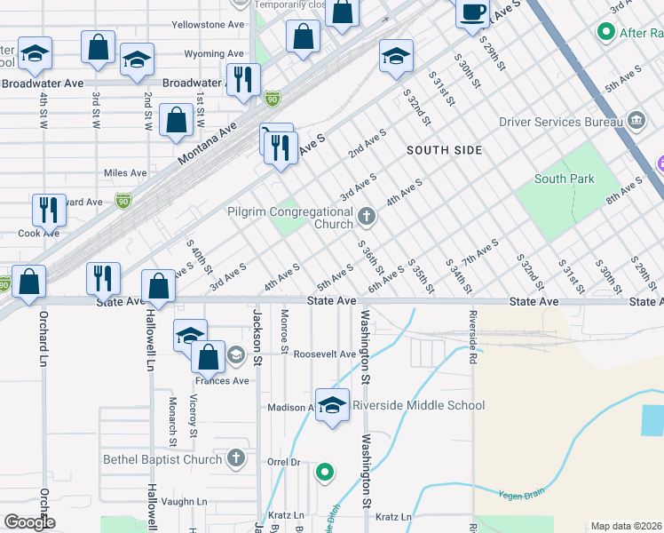 map of restaurants, bars, coffee shops, grocery stores, and more near 416 South 37th Street in Billings