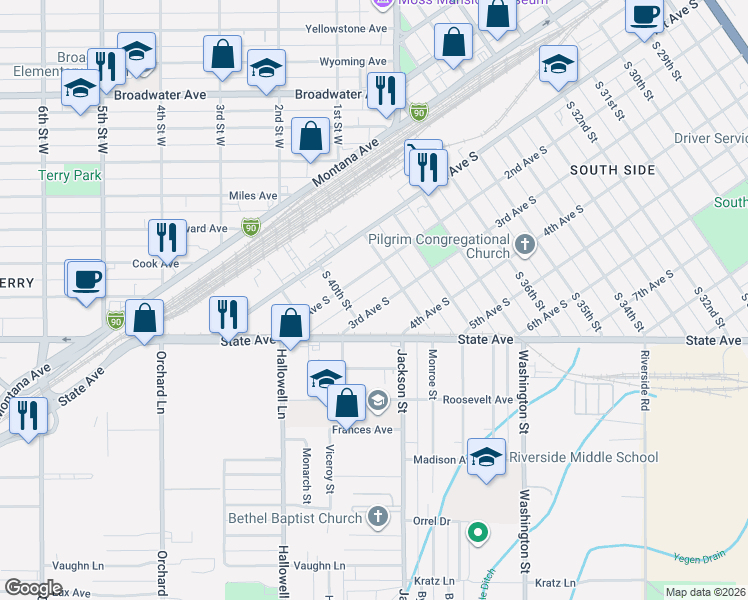 map of restaurants, bars, coffee shops, grocery stores, and more near 3919 3rd Ave S in Billings
