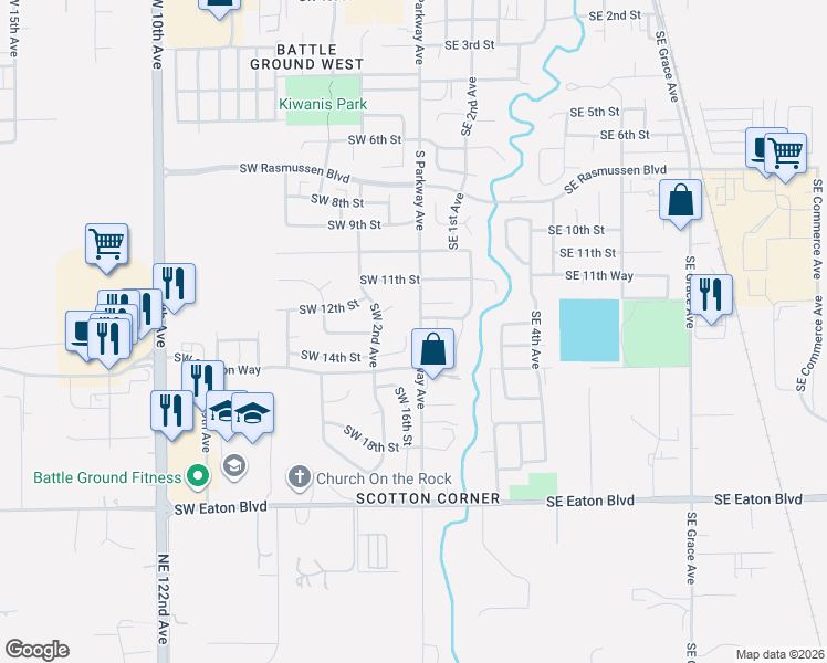 map of restaurants, bars, coffee shops, grocery stores, and more near 107 Southwest 14th Circle in Battle Ground