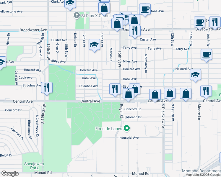 map of restaurants, bars, coffee shops, grocery stores, and more near 1520 Saint Johns Avenue in Billings