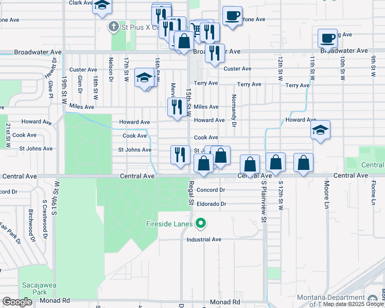 map of restaurants, bars, coffee shops, grocery stores, and more near 1436 Saint Johns Avenue in Billings