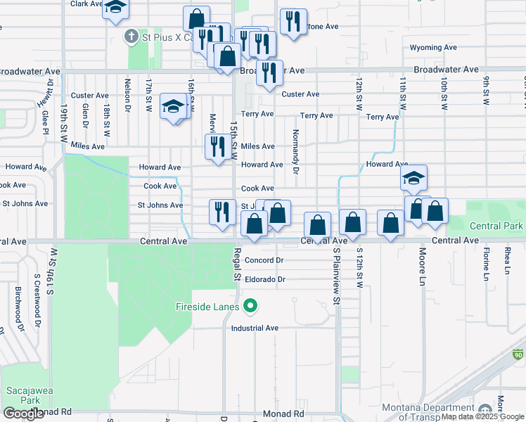 map of restaurants, bars, coffee shops, grocery stores, and more near 1410 Saint Johns Avenue in Billings