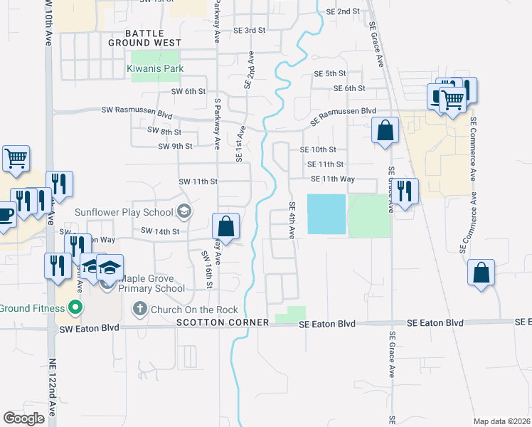 map of restaurants, bars, coffee shops, grocery stores, and more near 1306 Southeast 3rd Avenue in Battle Ground