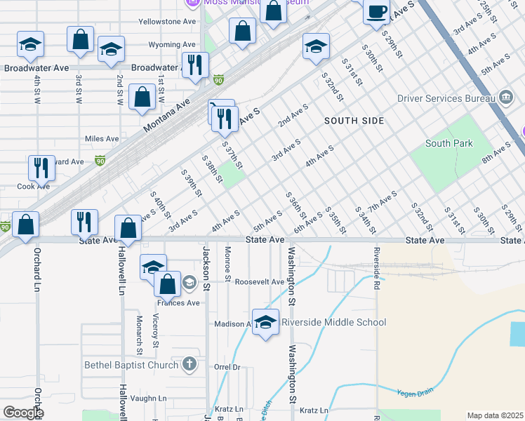 map of restaurants, bars, coffee shops, grocery stores, and more near 412 South 37th Street in Billings