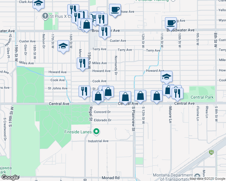 map of restaurants, bars, coffee shops, grocery stores, and more near 1330 Saint Johns Avenue in Billings