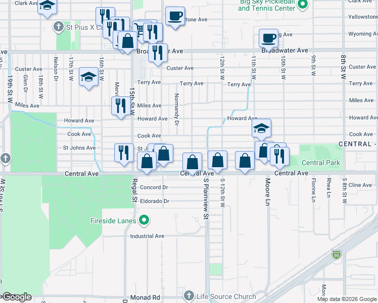 map of restaurants, bars, coffee shops, grocery stores, and more near 1302 Saint Johns Avenue in Billings