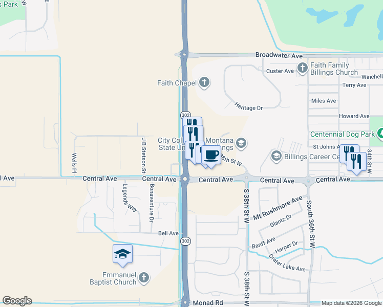 map of restaurants, bars, coffee shops, grocery stores, and more near 3933 Central Avenue in Billings