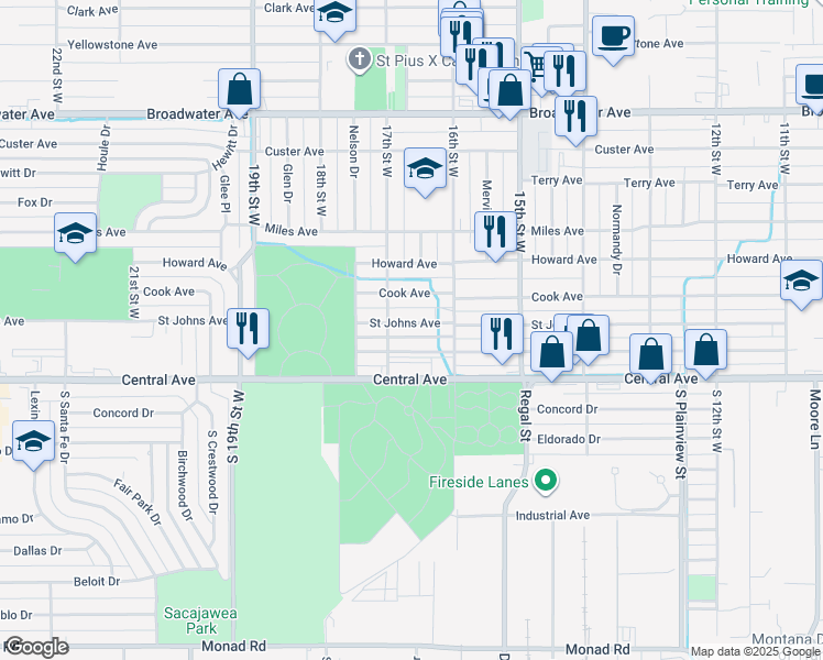 map of restaurants, bars, coffee shops, grocery stores, and more near 1626 Saint Johns Avenue in Billings