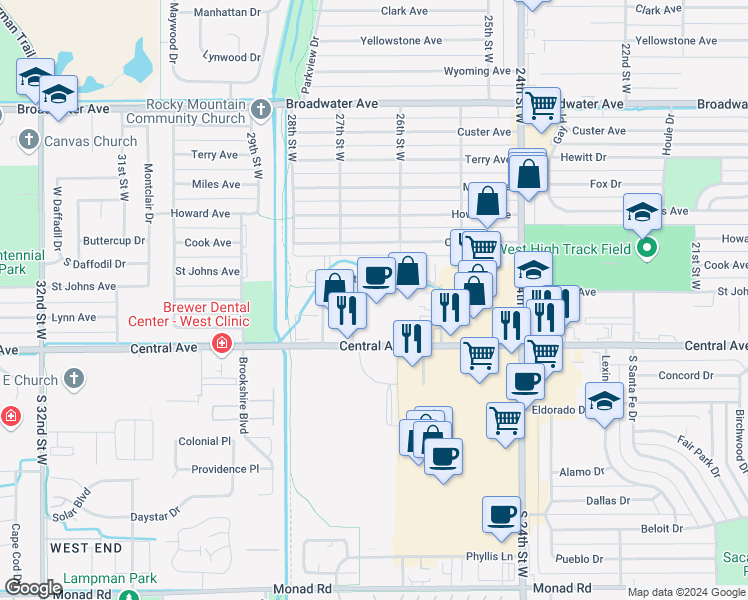 map of restaurants, bars, coffee shops, grocery stores, and more near 2601 Central Avenue in Billings
