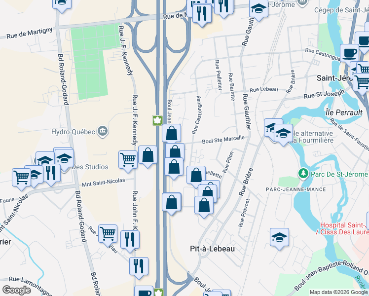 map of restaurants, bars, coffee shops, grocery stores, and more near 455 Rue de Sainte-Marcelle in Saint-Jérôme