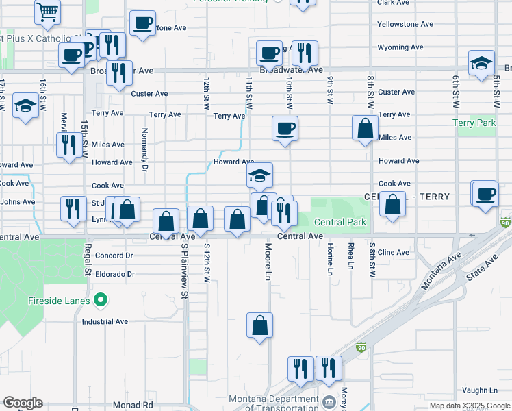map of restaurants, bars, coffee shops, grocery stores, and more near 1044 Cook Avenue in Billings