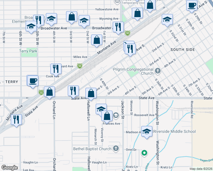 map of restaurants, bars, coffee shops, grocery stores, and more near 3942 2nd Avenue South in Billings
