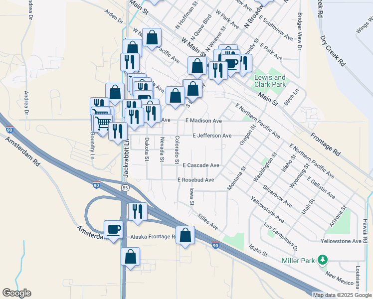 map of restaurants, bars, coffee shops, grocery stores, and more near E Custer Ave in Belgrade
