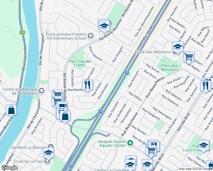 map of restaurants, bars, coffee shops, grocery stores, and more near Rue Einstein in Repentigny