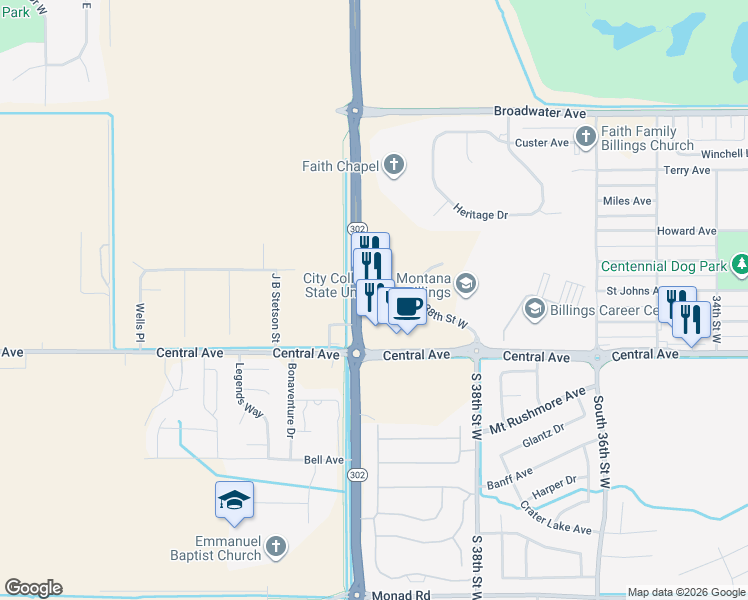 map of restaurants, bars, coffee shops, grocery stores, and more near 3933 Central Avenue in Billings