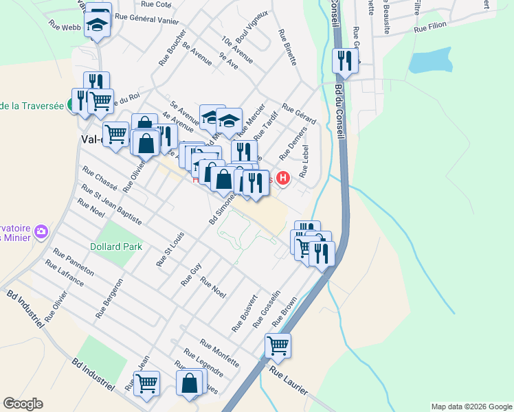 map of restaurants, bars, coffee shops, grocery stores, and more near 525 1ere Avenue in Val-des-Sources