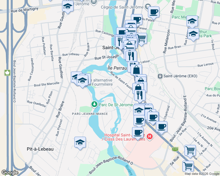 map of restaurants, bars, coffee shops, grocery stores, and more near 82 Rue de Montigny in Saint-Jérôme