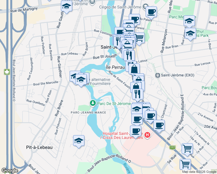 map of restaurants, bars, coffee shops, grocery stores, and more near 82 Rue de Montigny in Saint-Jérôme