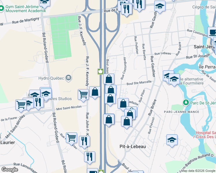 map of restaurants, bars, coffee shops, grocery stores, and more near 1149 Boulevard Jean-Baptiste-Rolland Ouest in Saint-Jérôme